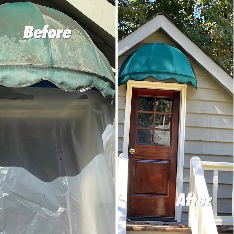 before after green awning softwashing in cartersville georgia